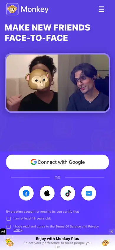 Monkey landing page on a phone, as captured on 2026-09-06